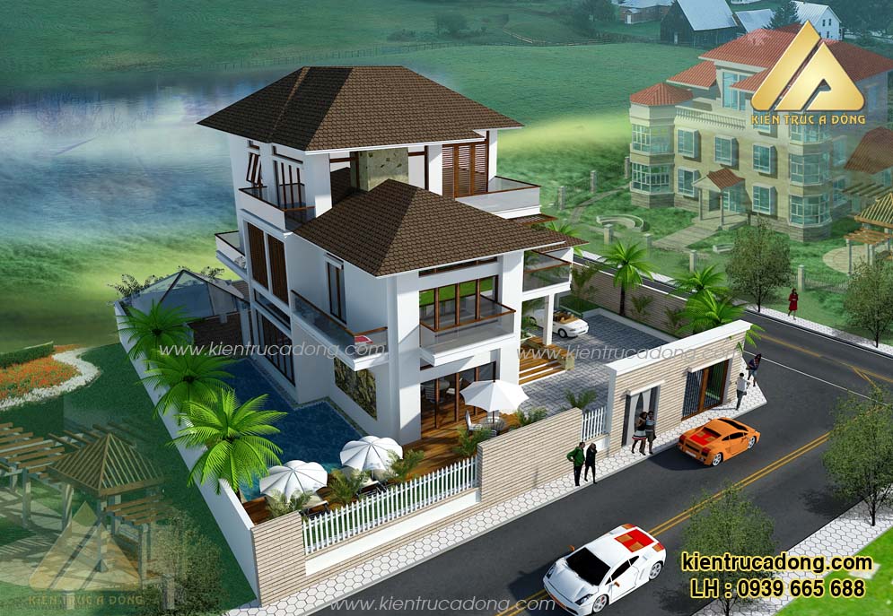 Phối cảnh chính diện mẫu biệt thự 3 tầng 