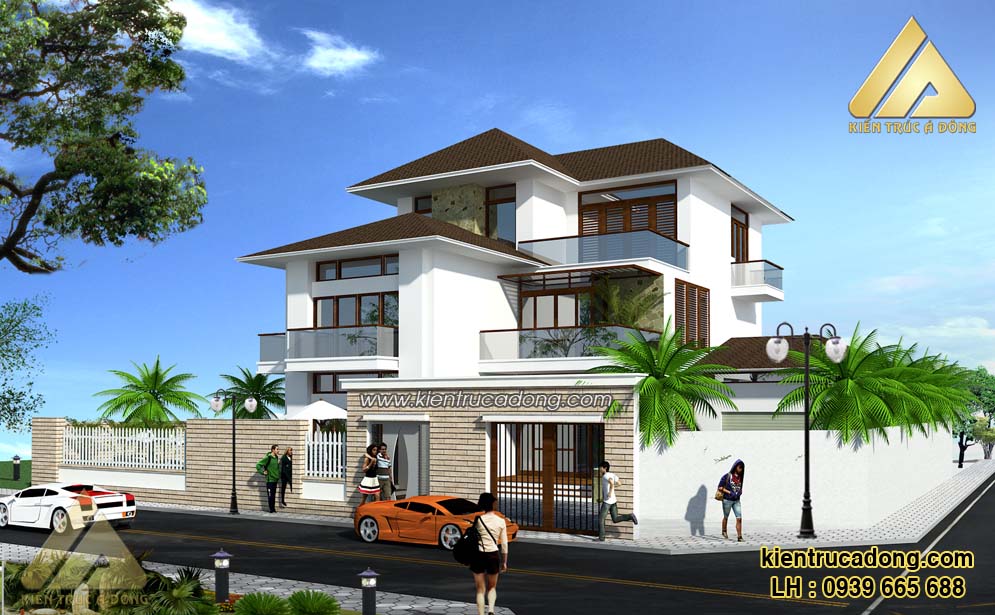 Phối cảnh chính diện ngôi biệt thự 3 tầng 16x18m