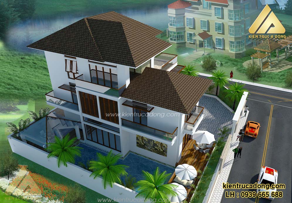 Phối cảnh mặt bên biệt thự 3 tầng